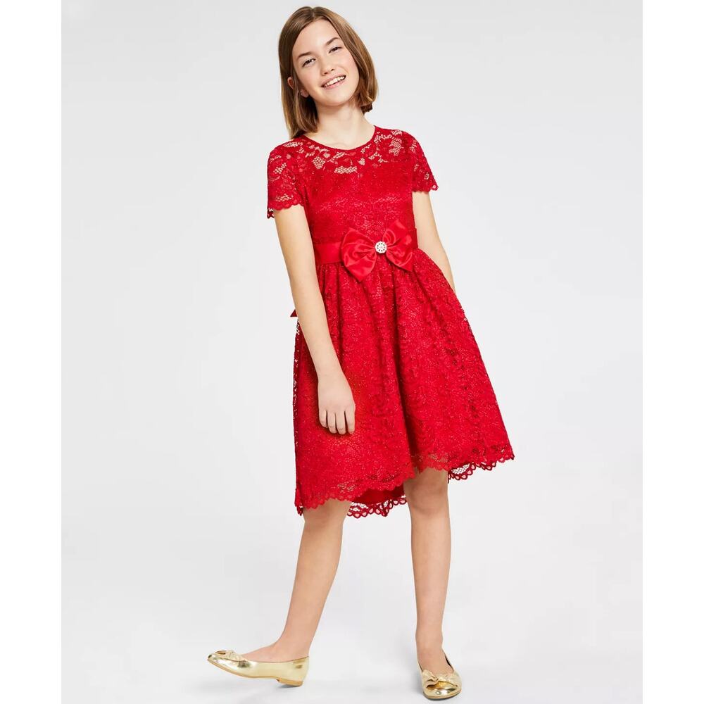 Rare Editions Big Girls Red Glitter Lace High Low Dress‎ Size 7